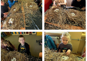 Dzieci tworzą gniazda ze słomy i jajka z wody i papieru.