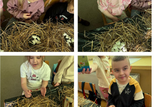 Dzieci z grupy Żabki z gniazdami i jajkami oznakami wiosny.