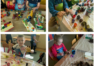 Dzieci podczas układania kompozycji z pomalowanych szyszek.