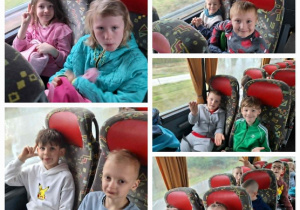 Pierwszoklasiści siedzą wygodnie w fotelach w autokarze.