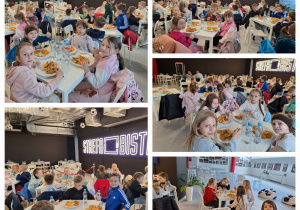 Dzieci smacznie zjadają obiad w restauracji.