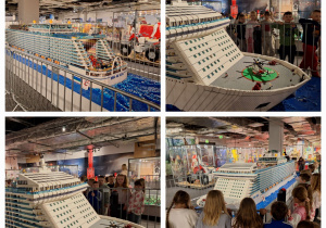 Uczniowie oglądają statek wykonany z lego.