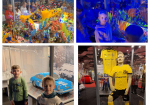 Dzieci podziwiają rafę koralową, auto oraz piłkarza z klocków Lego.