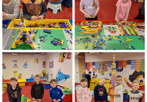 Dzieci tworzą pomysłowe budowle z klocków.