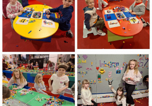 Chłopcy i dziewczynki wykonują ciekawe konstrukcje z klocków lego.