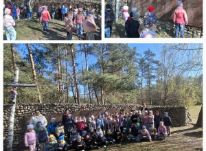 Kolaż- Dzieci na ścieżce historyczno-edukacyjnej w pobliżu szańca. Zdjęcie grupowe przed tablicą pamiątkową z nazwiskami poległych Hubalczyków.